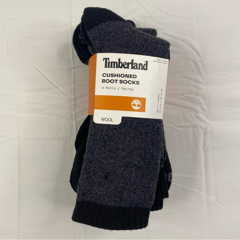 Timberland Wool Socks Men’s Size 9-12 Black Gray Cushioned Boot Socks 4 Pairs